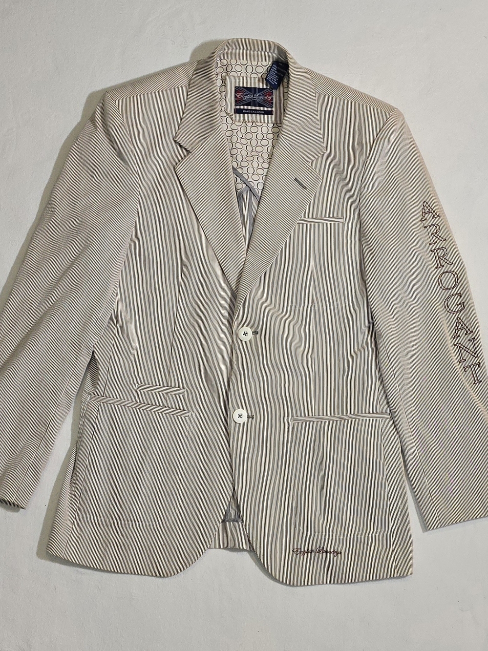 English Laundry Hand Tailored Arrogant Tan Seersucker Blazer Size L